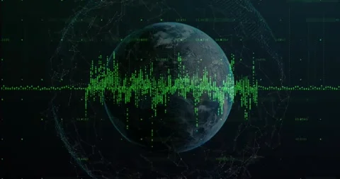 Earth globe pulsing while waveform rising, forming tech data rain, mapping Stock Footage 331634189