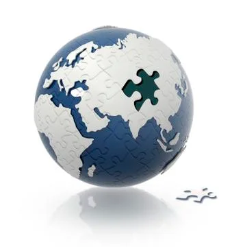 Earth globe with puzzle pattern and one piece on the floor. Stock Illustration