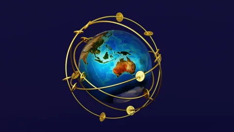 Earth globe with ring dollar coin, world business, 3D rendering Видео 245051423