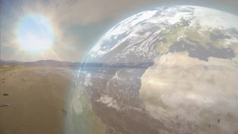 Earth globe rotating and shifting on loop over shore while sun flare pulsing to Stock Footage 329929110
