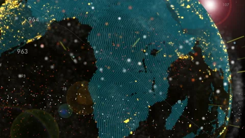 Earth globe rotating in cyber space with animated communication point Stock Footage 145985712