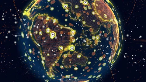 Earth globe rotating in cyber space with animated communication point Stock Footage 145985898