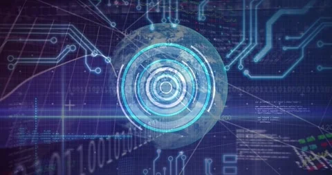 Earth globe rotating, lightbar sweeping tech HUD rings pulsing around tickers Stock Footage 332280499