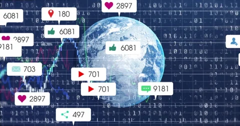 Earth globe rotating over dark backdrop showing binary code, finance graphs and Stock Footage 307465016
