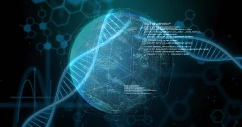 Earth globe rotating in virtual interface, with DNA helix, network grid and code Stock Illustration