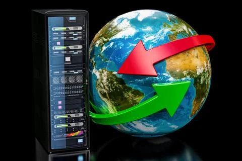 Earth Globe with server rack. Global network concept on black background, 3D  스톡 일러스트