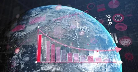 Earth globe showing falling red-pink bar-chart with dotted arrow, grid Stock Illustration