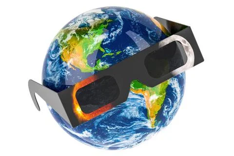 Earth Globe with solar eclipse glasses. 3D rendering Earth Globe with sola... Stock Photos