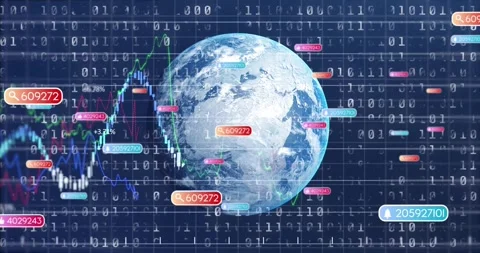 Earth globe spinning over binary grid, showing candlestick bars, line graphs, UI Stock Footage 330469983