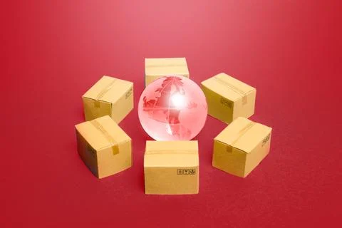 Earth globe surrounded by boxes. Global distribution business system for pr.. Stock Photos