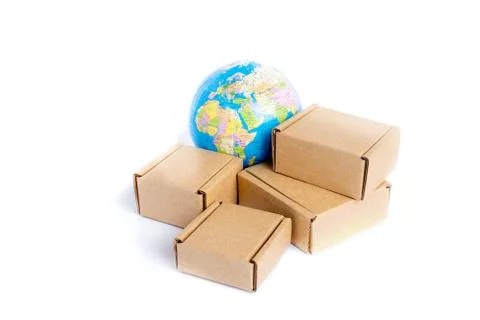 Earth globe is surrounded by boxes isolated on white background. Global busin Stock Photos