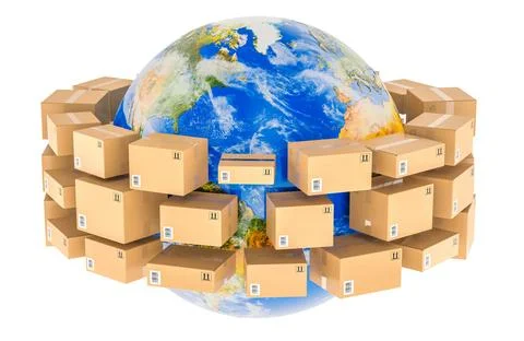 Earth globe surrounded by cardboard boxes representing global shipping, log.. 스톡 일러스트