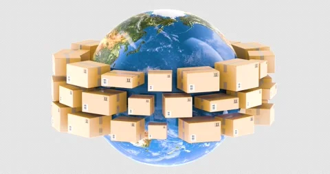 Earth Globe surrounded by parcels, cardboard shipping boxes rotation animat.. Stock Footage 335900366