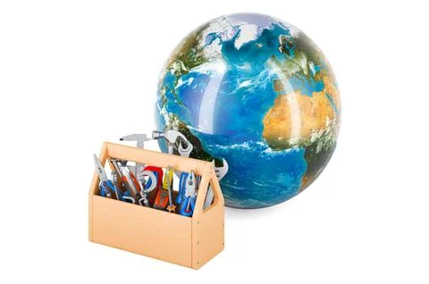 Earth Globe with tool box, 3D rendering Ilustração Stock