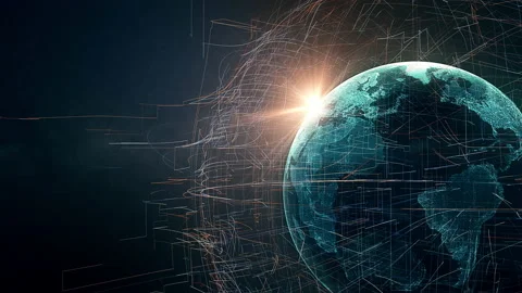 Earth globe with transparent map of earth slow rotates, 4K Sci Fi animation Stock Footage 155053605