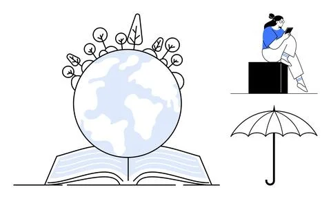 Earth globe with trees growing from an open book, student reading on a platfo Stock Illustration