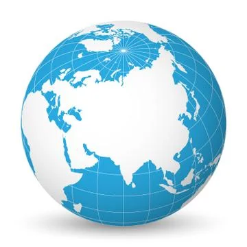 Earth globe with white world map and blue seas and oceans focused on Asia. With Stock Illustration