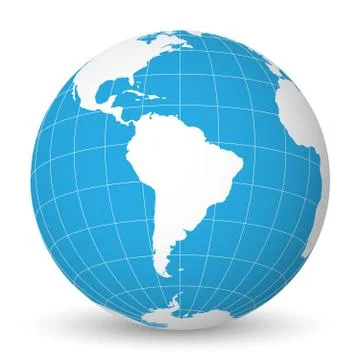Earth globe with white world map and blue seas and oceans focused on South Illustrazione stock