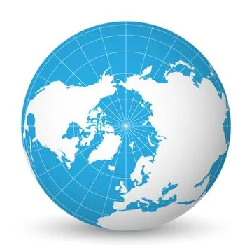 Earth globe with white world map and blue seas and oceans focused on Arctic Illustrazione stock