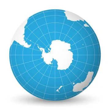 Earth globe with white world map and blue seas and oceans focused on Antarctica Stock Illustration