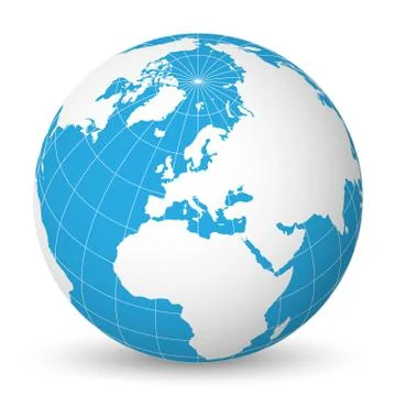 Earth globe with white world map and blue seas and oceans focused on Europe Illustrazione stock