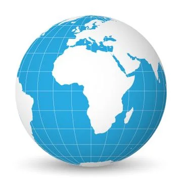 Earth globe with white world map and blue seas and oceans focused on Africa Illustrazione stock