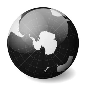 Earth globe with white world map and black seas and oceans focused on Antarctica Stock Illustration