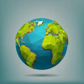Earth globe. World map, 3d planet, global green polygon origami, green and blue Stock Illustration