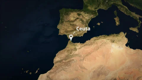 Earth globe zoom to Ceuta, Spain, with location pin and text. Vidéo 341029778