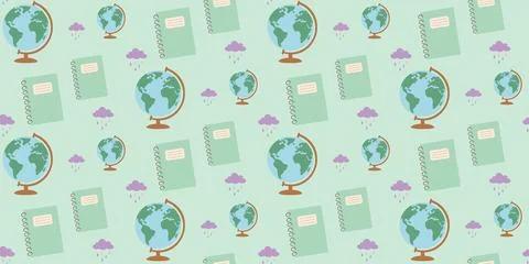 Earth globes notebooks clouds pattern light blue background travel study Illustrazione stock
