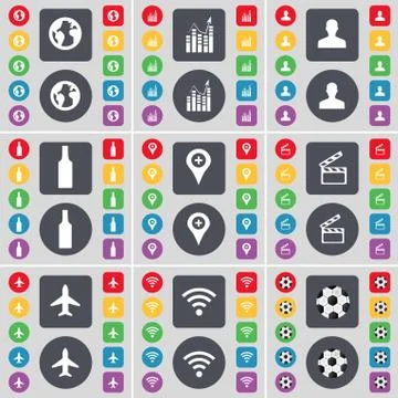 Earth, Graph, Avatar, Bottle, Checkpoint, Clapper, Airplane, Wi-Fi, Ball icon sy Illustrazione stock
