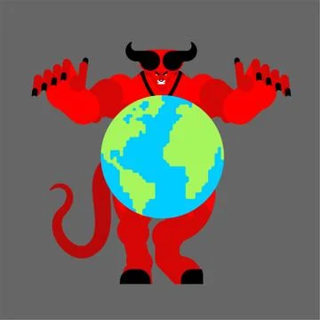 Earth in hands of demon. Devil holds planet. beginning of apocalypse. Satan a Illustrazione stock