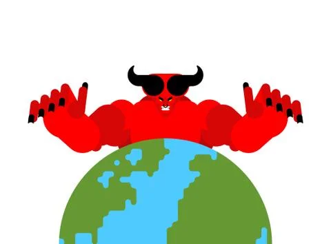 Earth in hands of demon. Devil holds planet. beginning of apocalypse. Satan a Illustrazione stock