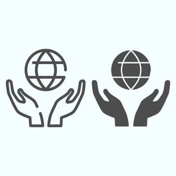 Earth in hands line and solid icon. Globe in two hands vector illustration Stockillustratie
