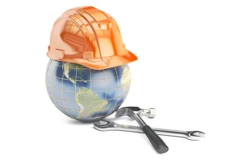 Earth with hard hat and tools, 3D rendering Stock Illustration