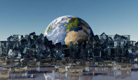 The earth in a heap of ice cubes - 3D Illustration Stock Illustration