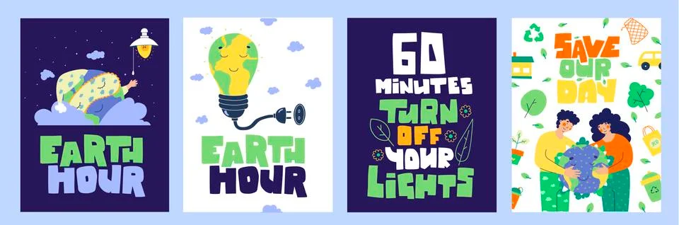 Earth hour banner set. Planet earth day. Turn off your light. 60 minutes. Stock Illustration
