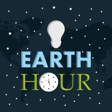 Earth hour light bulb clock starry dark background Stock Illustration