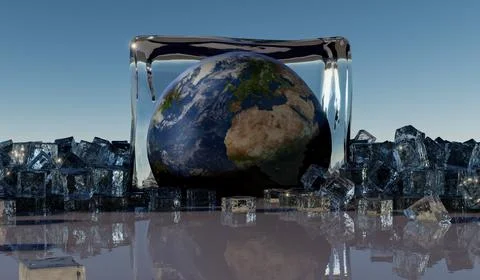 The earth in a huge ice cube surrounded by many smaller ice cubes Stock Illustration