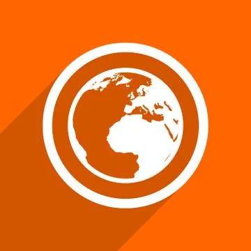 Earth icon. Orange flat button. Web and mobile app design illustration Stock Illustration