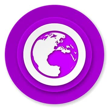 Earth icon, violet button, world sign. Illustrazione stock