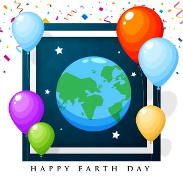 Earth illustration on dark background frame with colorful balloon Stock Illustration