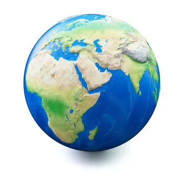 Earth isolated on white background with soft shadow Map and earth data used is Illustrazione stock