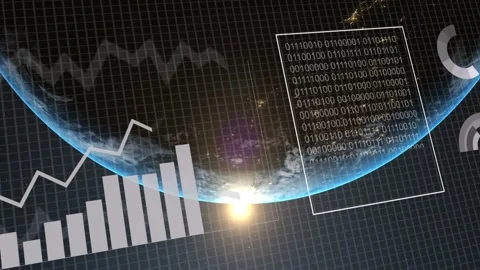 Earth limb tech HUD rising while COLLECTING DATA text appearing, charts growing, Stock Footage 332981474
