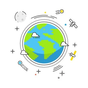 Earth lines vector design. Earth in space with lines space satellites, comets Stock Illustration