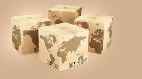 Earth map on cardboard box isolated on yellow background. 3D illustration Stock Illustration