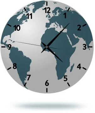 Earth map with clock face isolated on white 1 Illustrazione stock