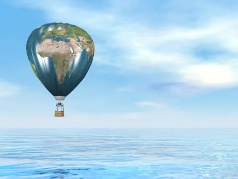 Earth map hot air balloon - 3D render Stock Illustration