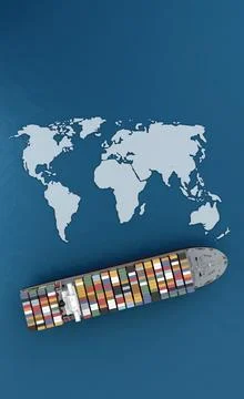 Earth map mockup on container ship stay in the sea top view Stock Illustration