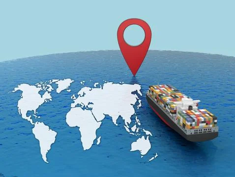 Earth map mockup on container ship go to map pin Stock Illustration